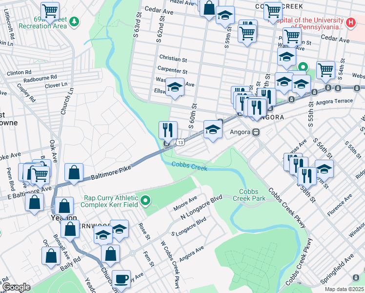 map of restaurants, bars, coffee shops, grocery stores, and more near 6048 Cedarhurst Street in Philadelphia