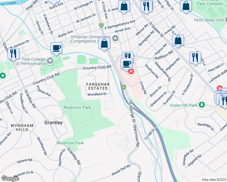 map of restaurants, bars, coffee shops, grocery stores, and more near 1169 Fairview Drive in York