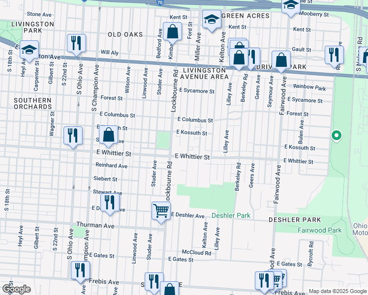 map of restaurants, bars, coffee shops, grocery stores, and more near 1112 Miller Avenue in Columbus
