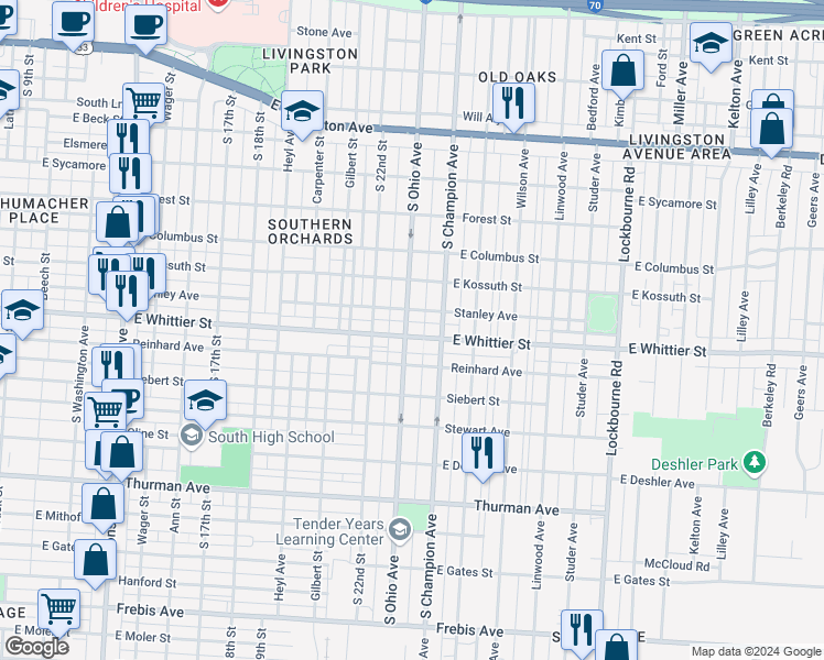 map of restaurants, bars, coffee shops, grocery stores, and more near 955 East Whittier Street in Columbus