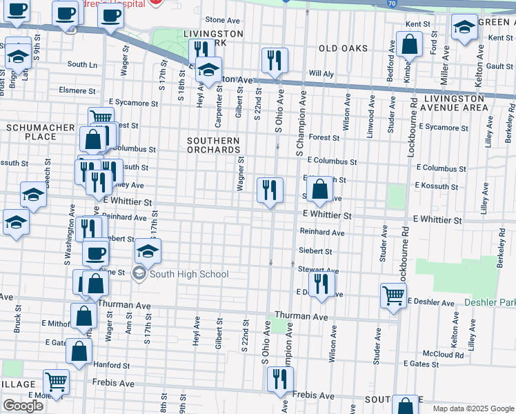 map of restaurants, bars, coffee shops, grocery stores, and more near in Columbus
