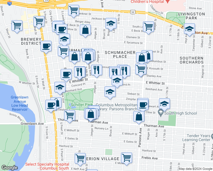 map of restaurants, bars, coffee shops, grocery stores, and more near 289 Reinhard Avenue in Columbus