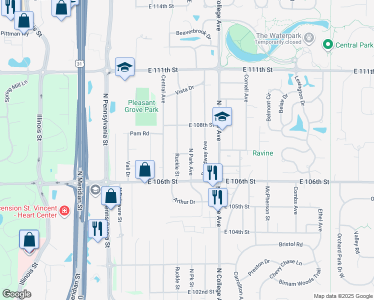 map of restaurants, bars, coffee shops, grocery stores, and more near 10665 North Park Avenue in Indianapolis