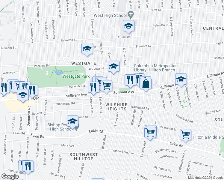 map of restaurants, bars, coffee shops, grocery stores, and more near 2958 Sullivant Avenue in Columbus