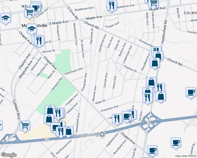 map of restaurants, bars, coffee shops, grocery stores, and more near 328 Monroe Avenue in Cherry Hill