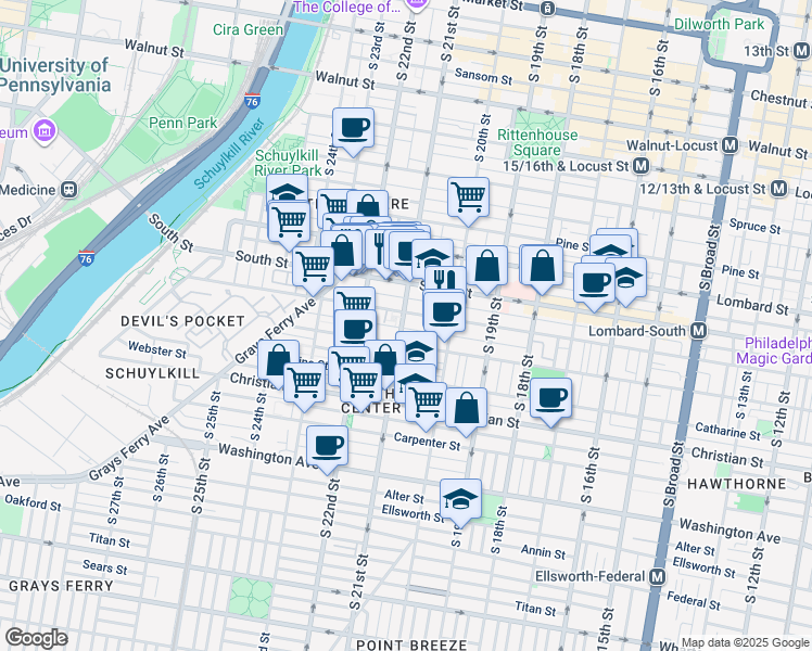 map of restaurants, bars, coffee shops, grocery stores, and more near 2054 Pemberton Street in Philadelphia