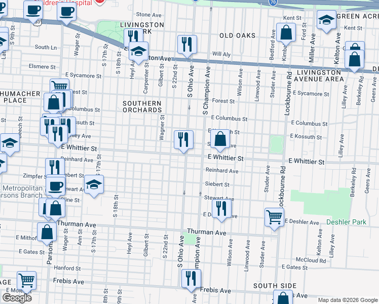 map of restaurants, bars, coffee shops, grocery stores, and more near 955 East Whittier Street in Columbus