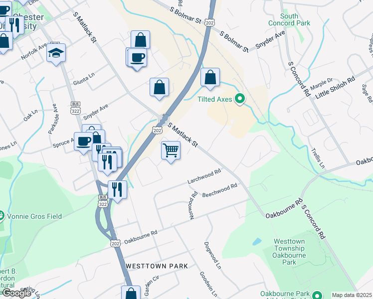 map of restaurants, bars, coffee shops, grocery stores, and more near 956 South Matlack Street in West Chester