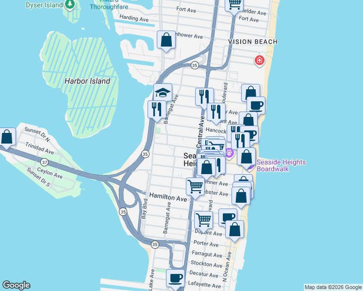 map of restaurants, bars, coffee shops, grocery stores, and more near 217 Sherman Avenue in Seaside Heights