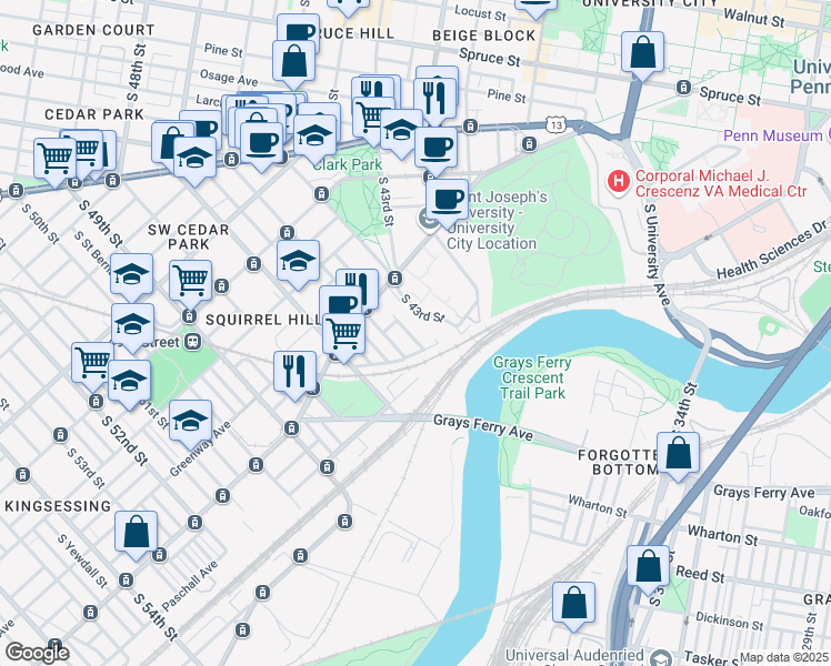 map of restaurants, bars, coffee shops, grocery stores, and more near 1339 South Melville Street in Philadelphia