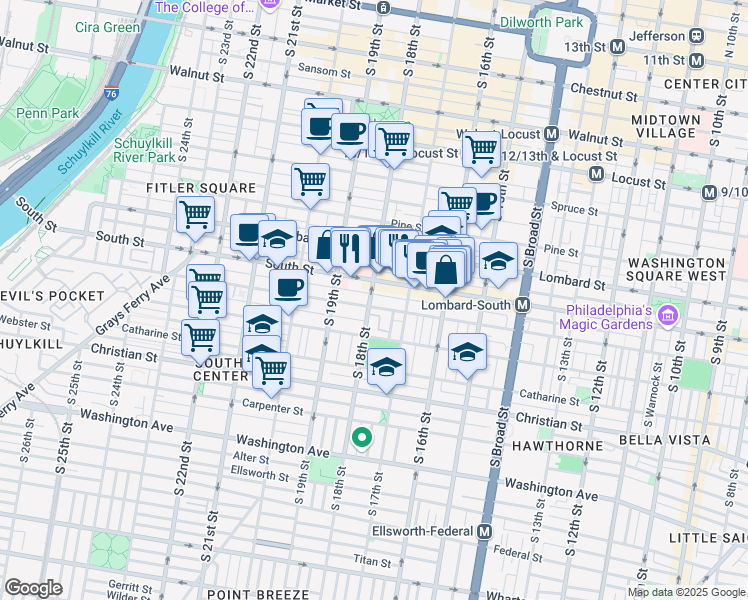 map of restaurants, bars, coffee shops, grocery stores, and more near 621 South 18th Street in Philadelphia