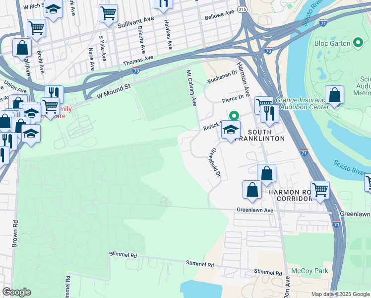 map of restaurants, bars, coffee shops, grocery stores, and more near 761 Canonby Place in Columbus