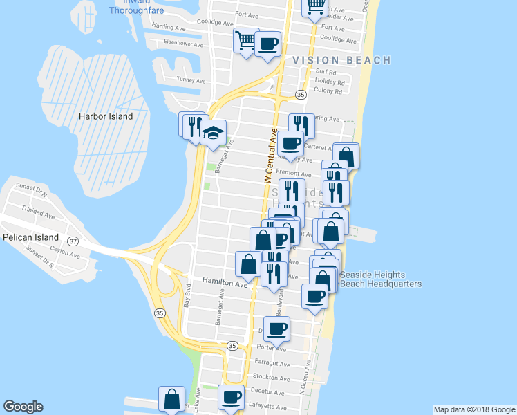 map of restaurants, bars, coffee shops, grocery stores, and more near 208 Sherman Avenue in Seaside Heights