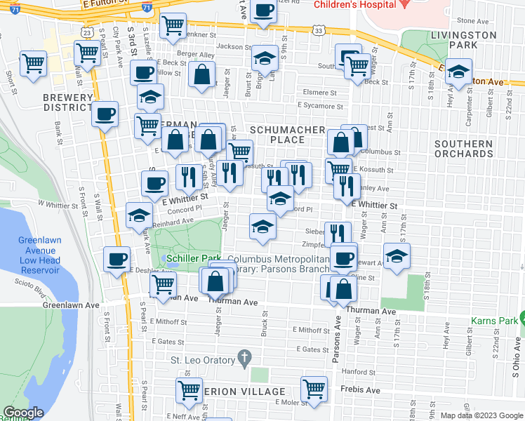 map of restaurants, bars, coffee shops, grocery stores, and more near 330 Reinhard Ave in Columbus