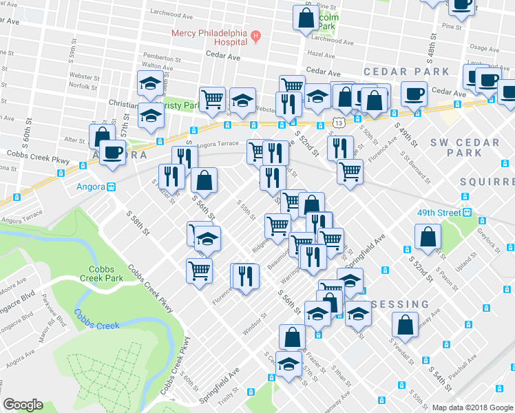 map of restaurants, bars, coffee shops, grocery stores, and more near 5438 Hadfield Street in Philadelphia