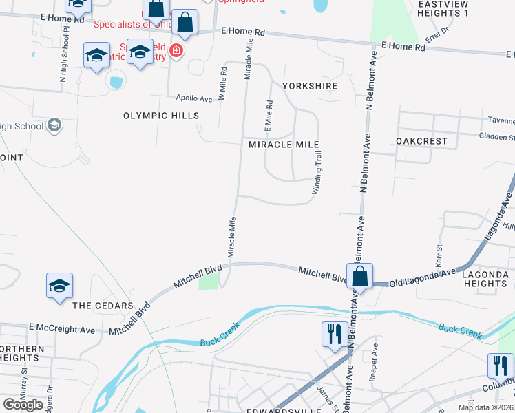 map of restaurants, bars, coffee shops, grocery stores, and more near 1535 Winding Trail in Springfield