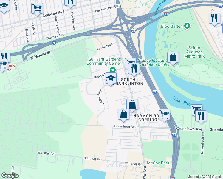map of restaurants, bars, coffee shops, grocery stores, and more near 791 Griggs Avenue in Columbus