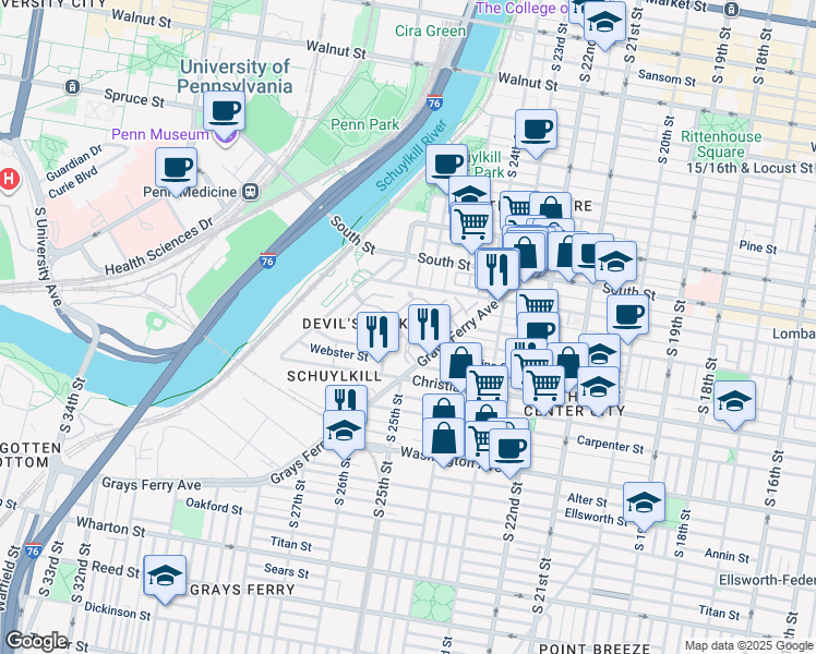 map of restaurants, bars, coffee shops, grocery stores, and more near 100 Admirals Way in Philadelphia