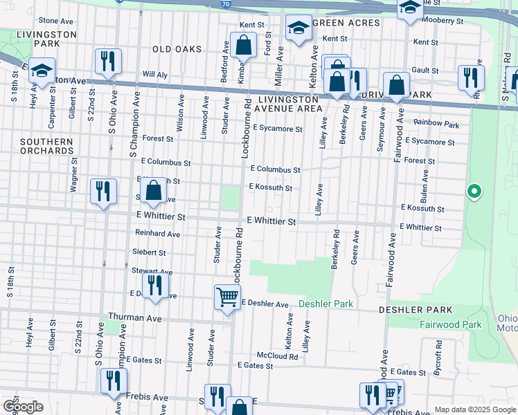 map of restaurants, bars, coffee shops, grocery stores, and more near 1112 Miller Avenue in Columbus