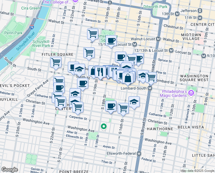map of restaurants, bars, coffee shops, grocery stores, and more near 621 South 18th Street in Philadelphia