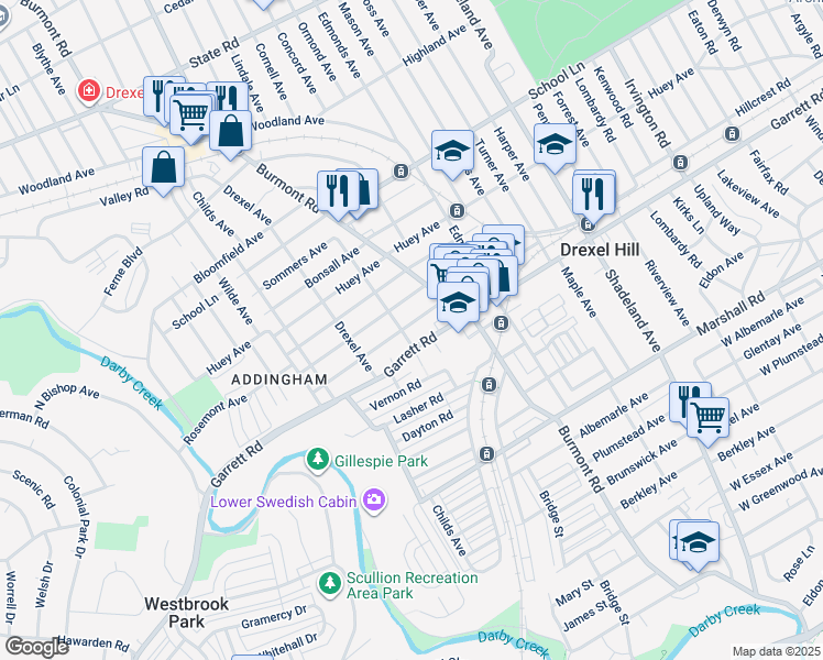 map of restaurants, bars, coffee shops, grocery stores, and more near 3830 Berry Avenue in Drexel Hill