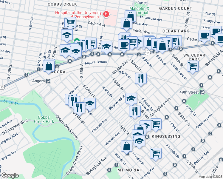map of restaurants, bars, coffee shops, grocery stores, and more near 5438 Hadfield Street in Philadelphia