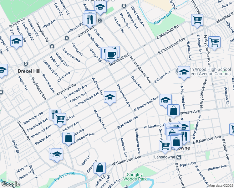 map of restaurants, bars, coffee shops, grocery stores, and more near 96 Drexel Avenue in Lansdowne