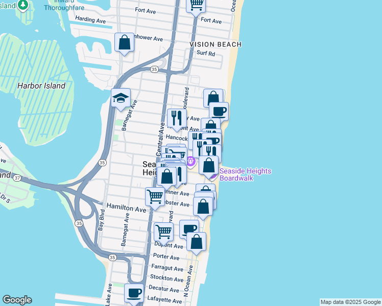 map of restaurants, bars, coffee shops, grocery stores, and more near 908 Ocean Boulevard in Seaside Heights
