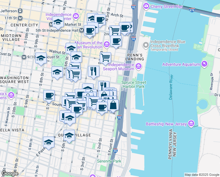 map of restaurants, bars, coffee shops, grocery stores, and more near 317 South 2nd Street in Philadelphia