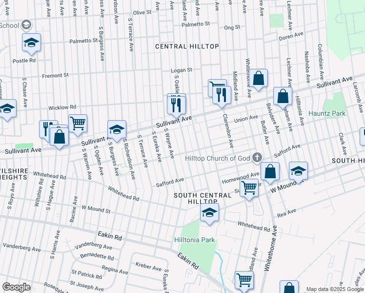 map of restaurants, bars, coffee shops, grocery stores, and more near 559 South Oakley Avenue in Columbus