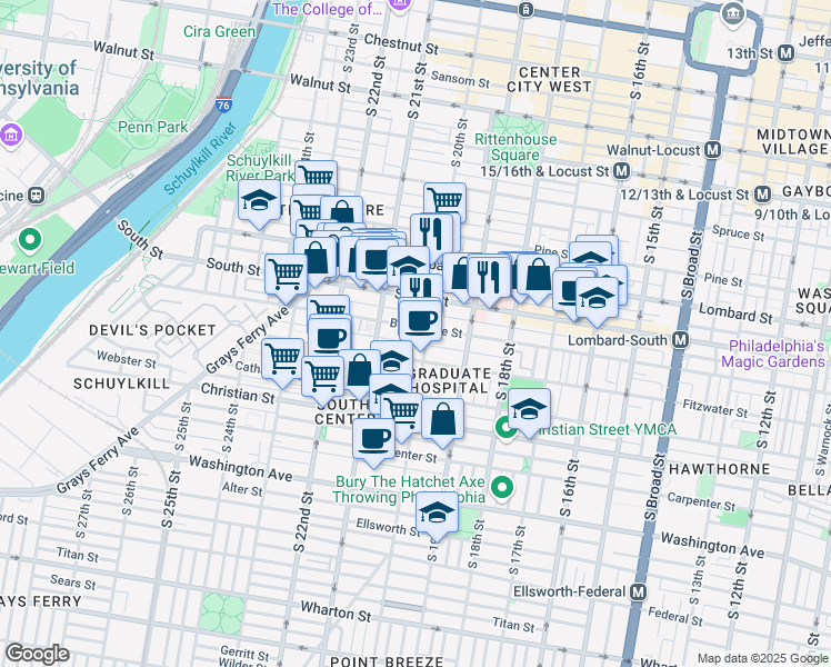map of restaurants, bars, coffee shops, grocery stores, and more near 2006 Bainbridge Street in Philadelphia