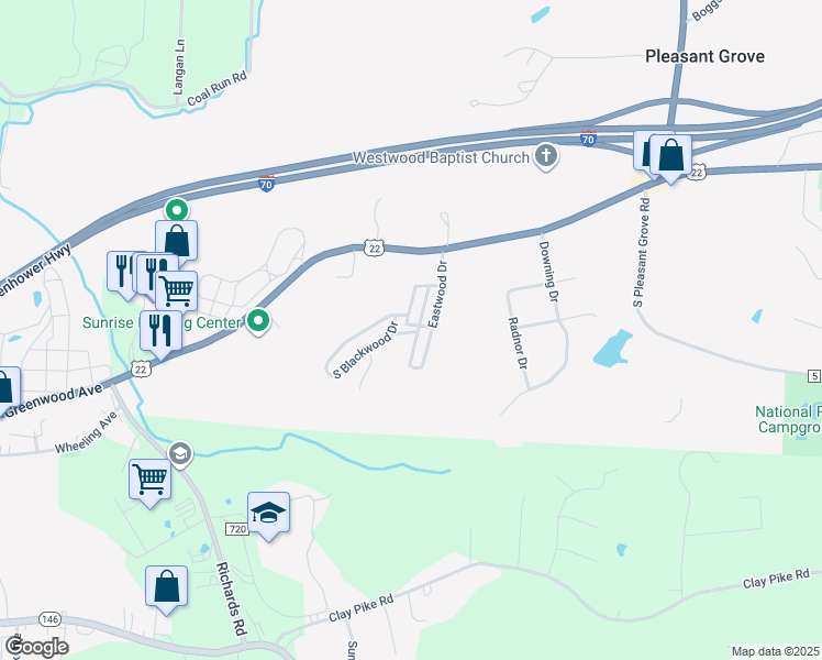 map of restaurants, bars, coffee shops, grocery stores, and more near 205 Teakwood Drive in Zanesville