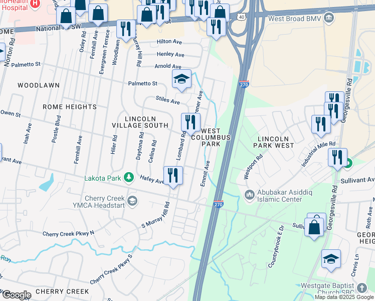 map of restaurants, bars, coffee shops, grocery stores, and more near 445 Mix Avenue in Columbus