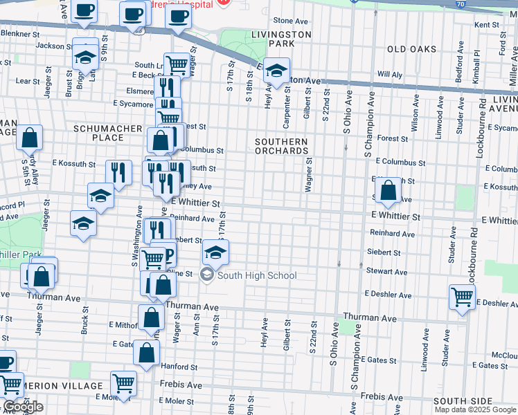 map of restaurants, bars, coffee shops, grocery stores, and more near 755 East Whittier Street in Columbus