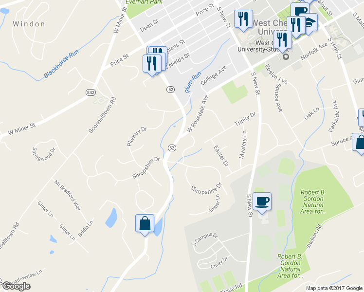 map of restaurants, bars, coffee shops, grocery stores, and more near 517 Raspberry Lane in West Chester