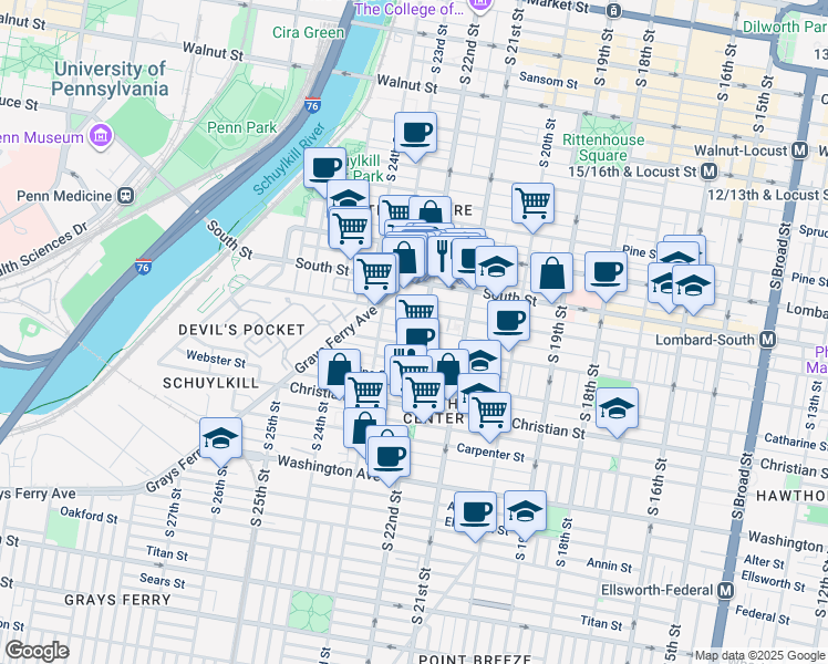 map of restaurants, bars, coffee shops, grocery stores, and more near 2208 Pemberton Street in Philadelphia