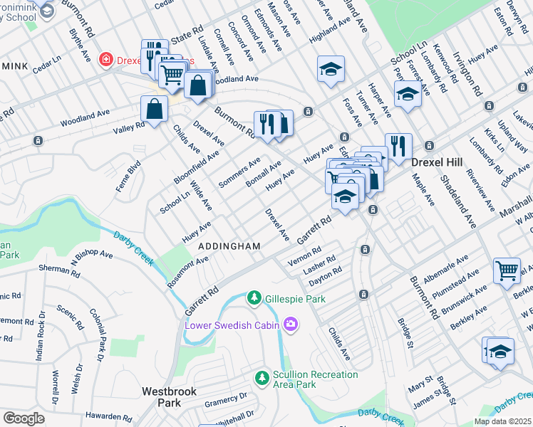 map of restaurants, bars, coffee shops, grocery stores, and more near 4102 Taylor Ave in Drexel Hill