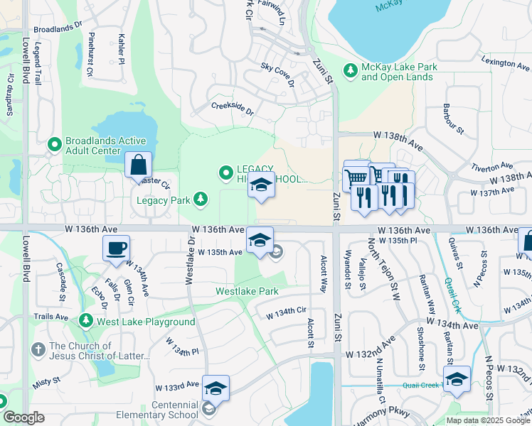 map of restaurants, bars, coffee shops, grocery stores, and more near 2701 West 136th Avenue in Broomfield