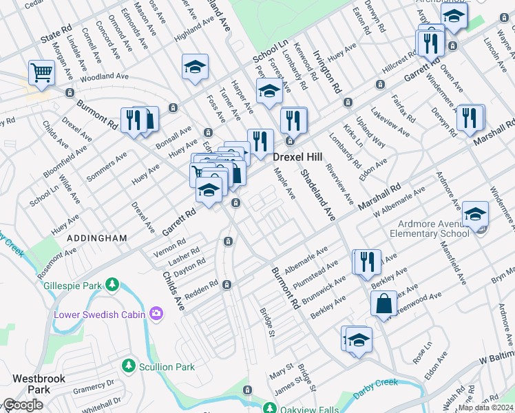 map of restaurants, bars, coffee shops, grocery stores, and more near 3448 Valley Green Drive in Drexel Hill