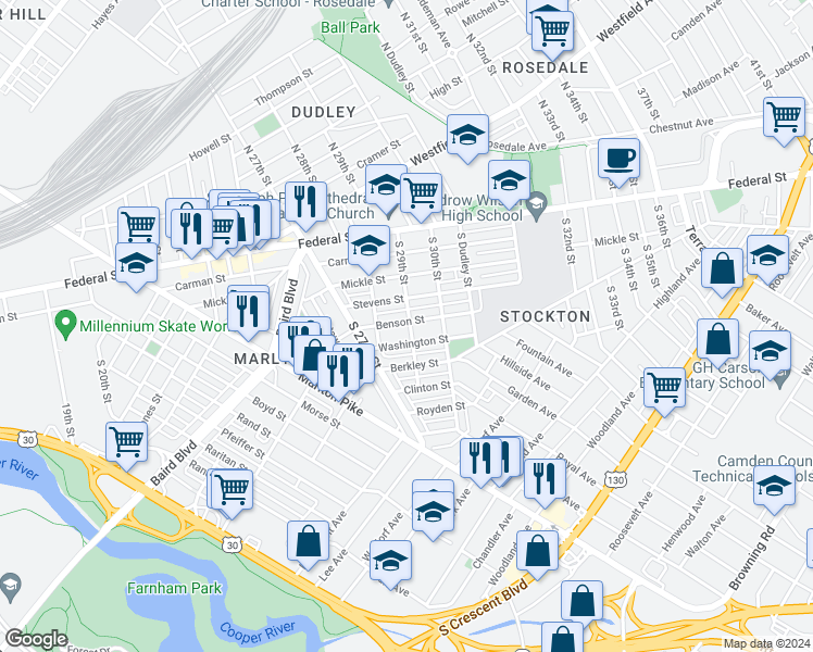 map of restaurants, bars, coffee shops, grocery stores, and more near 205 South 29th Street in Camden