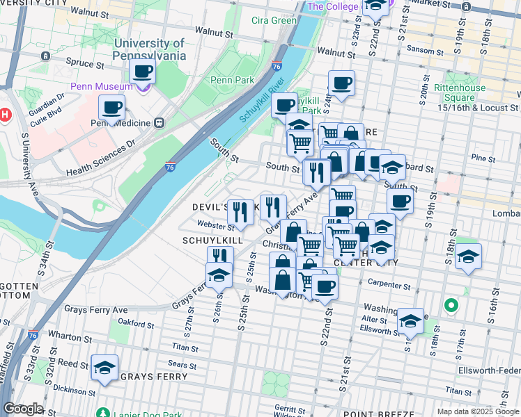 map of restaurants, bars, coffee shops, grocery stores, and more near 201 Surgeon Generals Court in Philadelphia