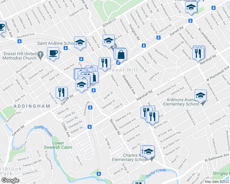 map of restaurants, bars, coffee shops, grocery stores, and more near 3404 Verner Street in Drexel Hill