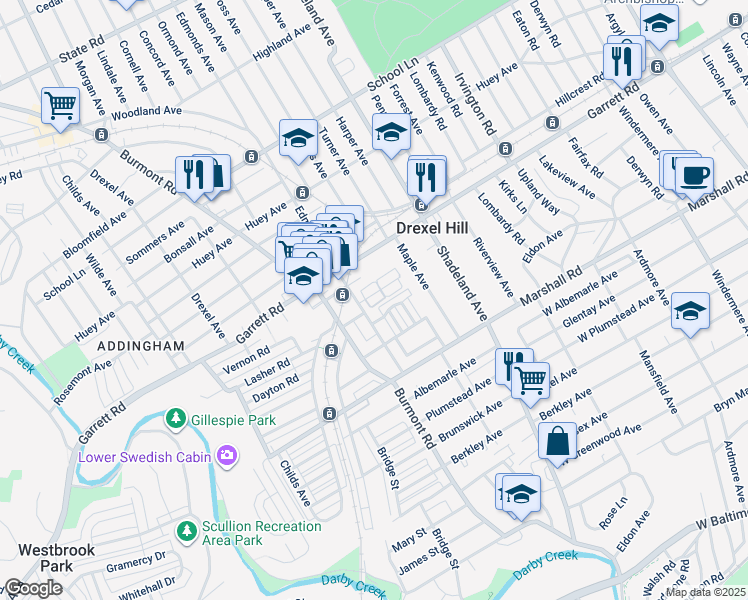 map of restaurants, bars, coffee shops, grocery stores, and more near 3448 Valley Green Drive in Drexel Hill