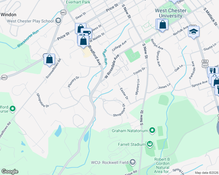 map of restaurants, bars, coffee shops, grocery stores, and more near 520 Raspberry Lane in West Chester