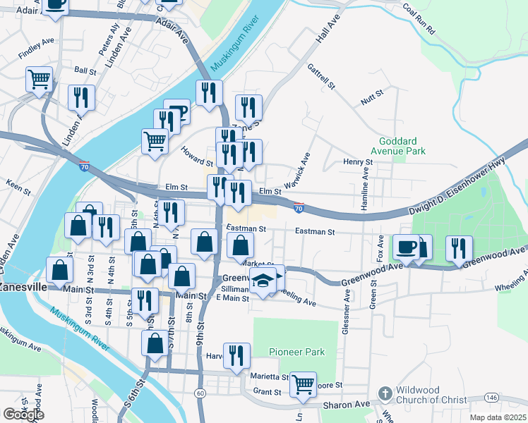 map of restaurants, bars, coffee shops, grocery stores, and more near 225 Scenic Crest Drive in Zanesville
