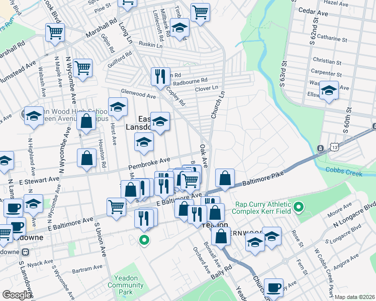 map of restaurants, bars, coffee shops, grocery stores, and more near 909 Pembroke Avenue in Lansdowne