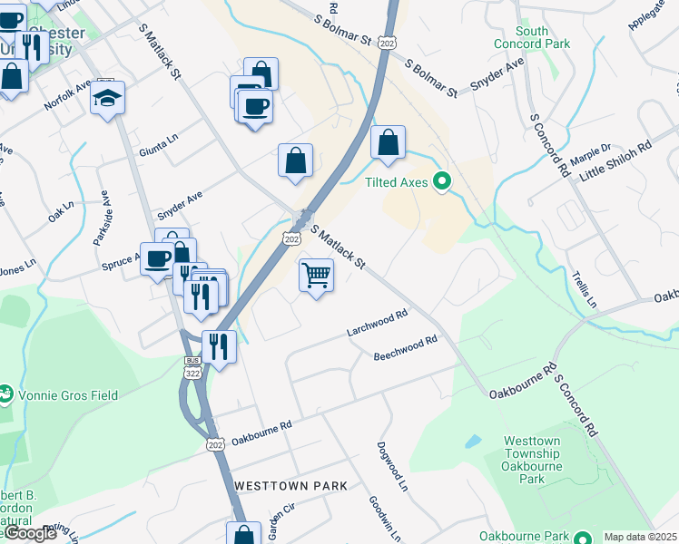 map of restaurants, bars, coffee shops, grocery stores, and more near 956 South Matlack Street in West Chester