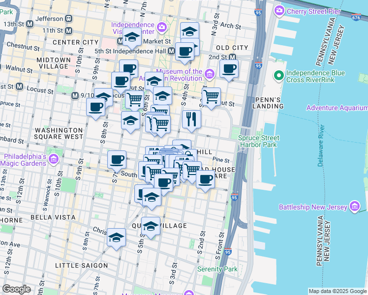 map of restaurants, bars, coffee shops, grocery stores, and more near 320 Delancey Street in Philadelphia