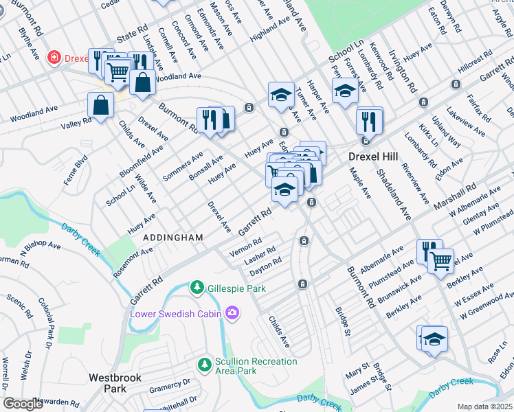 map of restaurants, bars, coffee shops, grocery stores, and more near 3830 Berry Avenue in Drexel Hill