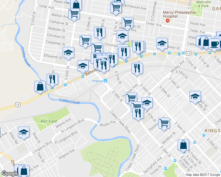 map of restaurants, bars, coffee shops, grocery stores, and more near 5823 Hoffman Avenue in Philadelphia